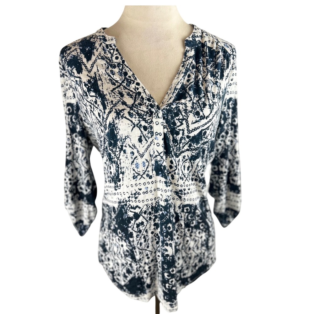Max Jeans Women's Blue‎ White Batik Print 3/4 Sleeve Tunic Top size Medium